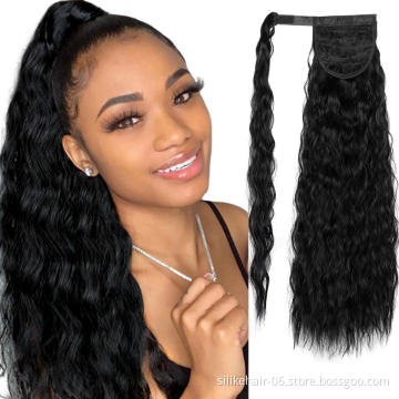 24 Inch  Wavy Curly Long Corn Wave Ponytail Extensions Clip in  Wrap Around Pony Tail Heat Resistant Fluffy Synthetic Hairpiece